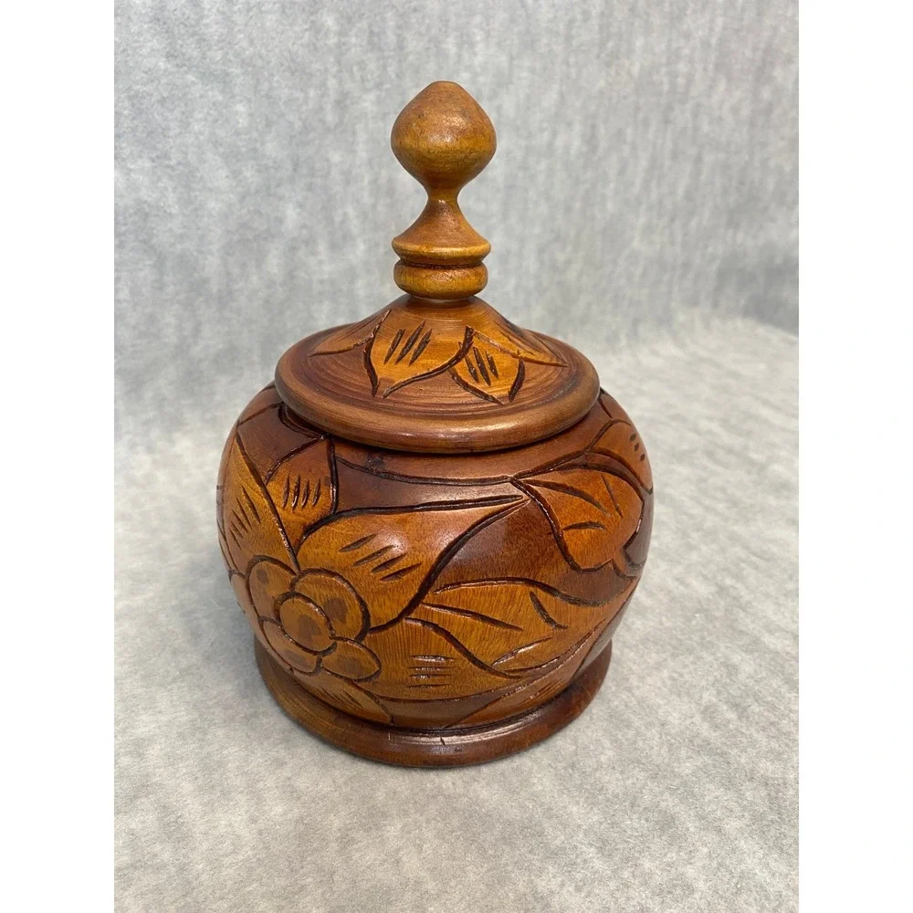 Round Hand Carved Wood Container With Lid‎ Floral Design Decorative Trinket Box